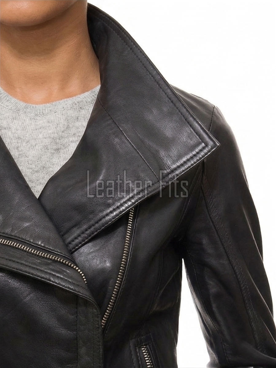Women's Vortex Luxury Black Leather Biker Jacket - Slim Fit Genuine Sheepskin Asymmetrical Motorcycle Moto Side-Zip Coat