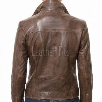 Women's Sovereign Sienna Brown Leather Biker Jacket - Slim Fit Genuine Sheepskin Asymmetrical Funnel-Neck Motorcycle Moto jacket