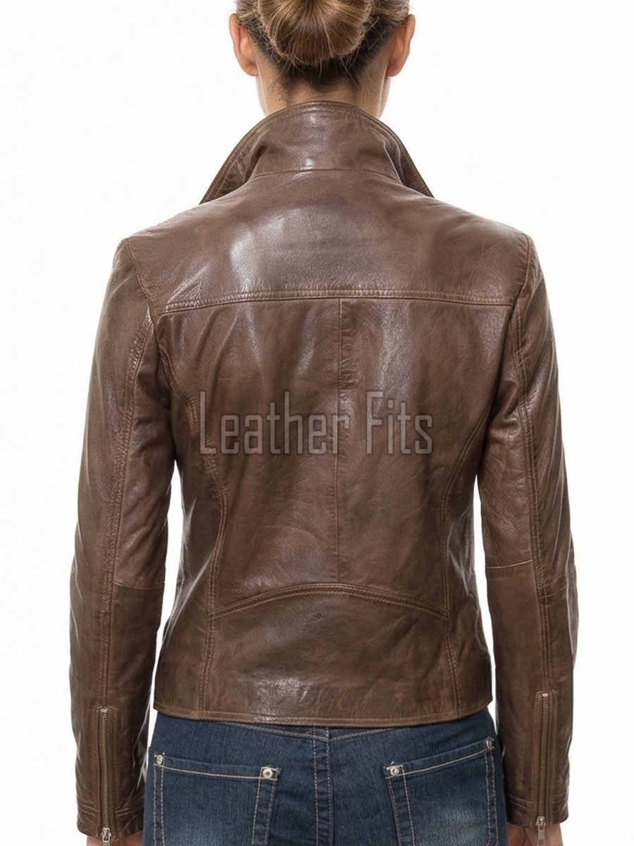 Women's Sovereign Sienna Brown Leather Biker Jacket - Slim Fit Genuine Sheepskin Asymmetrical Funnel-Neck Motorcycle Moto jacket