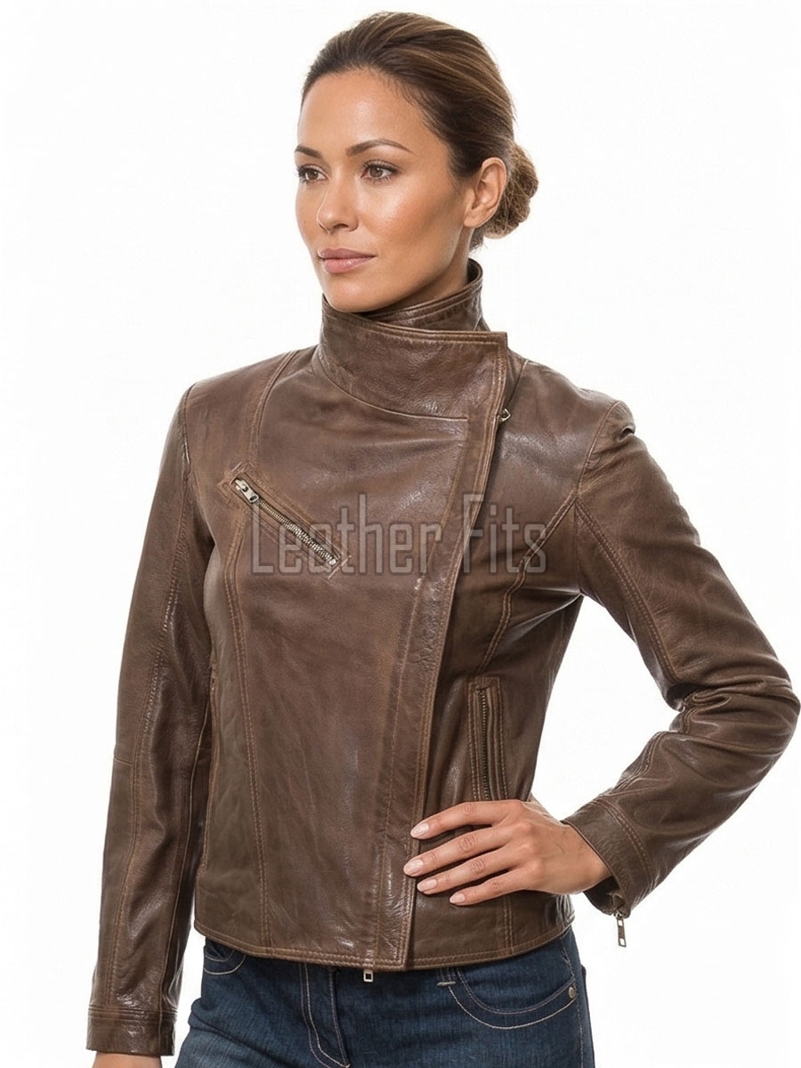 Women's Sovereign Sienna Brown Leather Biker Jacket - Slim Fit Genuine Sheepskin Asymmetrical Funnel-Neck Motorcycle Moto jacket
