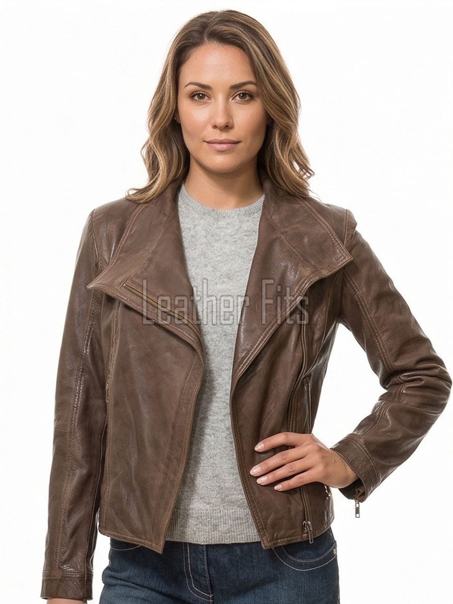 Women's Sovereign Sienna Brown Leather Biker Jacket - Slim Fit Genuine Sheepskin Asymmetrical Funnel-Neck Motorcycle Moto jacket