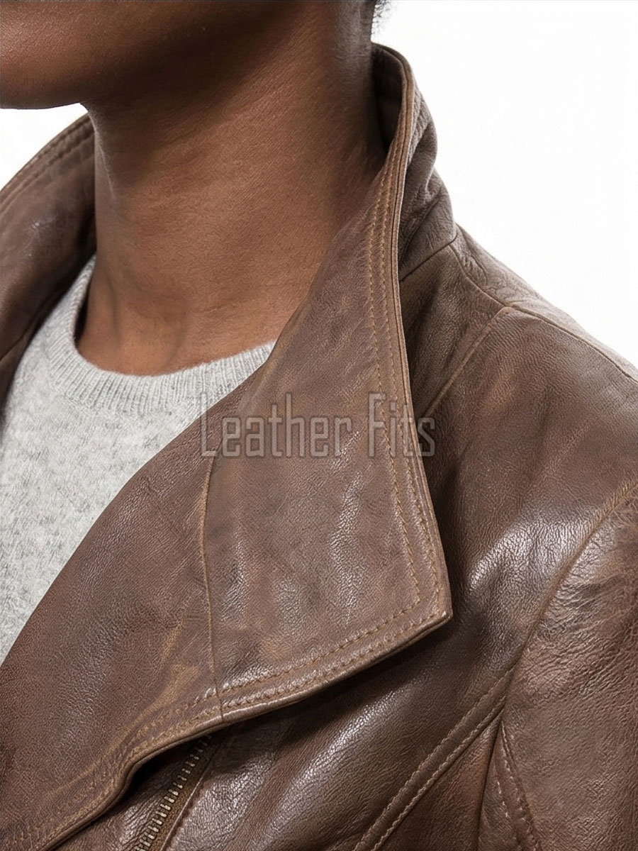 Women's Sovereign Sienna Brown Leather Biker Jacket - Slim Fit Genuine Sheepskin Asymmetrical Funnel-Neck Motorcycle Moto jacket