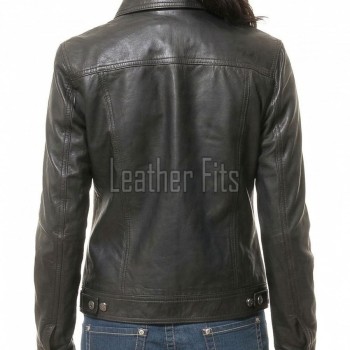 Women's Sumptuous Onyx Black Leather Trucker Jacket - Slim Fit Genuine Lambskin Button-Front Utility Rider Moto Style