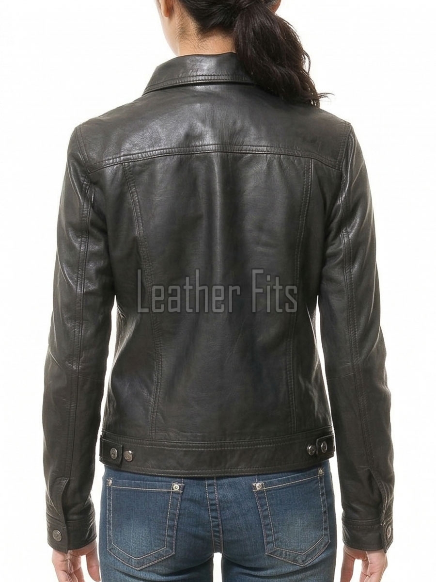 Women's Sumptuous Onyx Black Leather Trucker Jacket - Slim Fit Genuine Lambskin Button-Front Utility Rider Moto Style