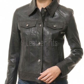 Women's Sumptuous Onyx Black Leather Trucker Jacket - Slim Fit Genuine Lambskin Button-Front Utility Rider Moto Style