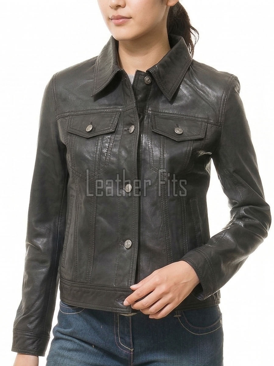 Women's Sumptuous Onyx Black Leather Trucker Jacket - Slim Fit Genuine Lambskin Button-Front Utility Rider Moto Style