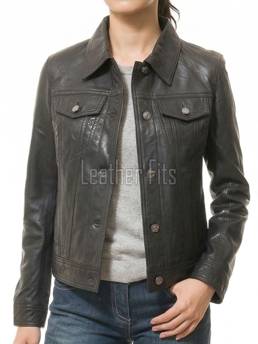 Women's Sumptuous Onyx Black Leather Trucker Jacket - Slim Fit Genuine Lambskin Button-Front Utility Rider Moto Style