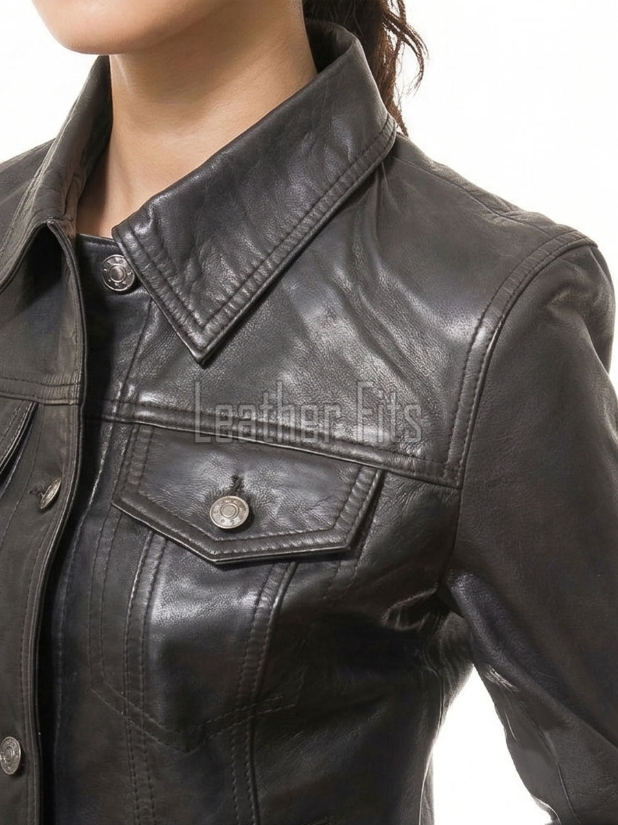 Women's Sumptuous Onyx Black Leather Trucker Jacket - Slim Fit Genuine Lambskin Button-Front Utility Rider Moto Style