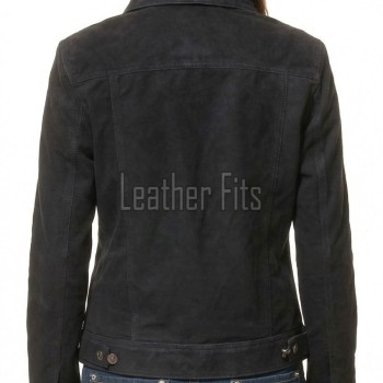 Women's Opulent Obsidian Black Suede Trucker Jacket - Slim Fit Genuine Leather Button-Front Classic Moto Utility Style Rider Jacket