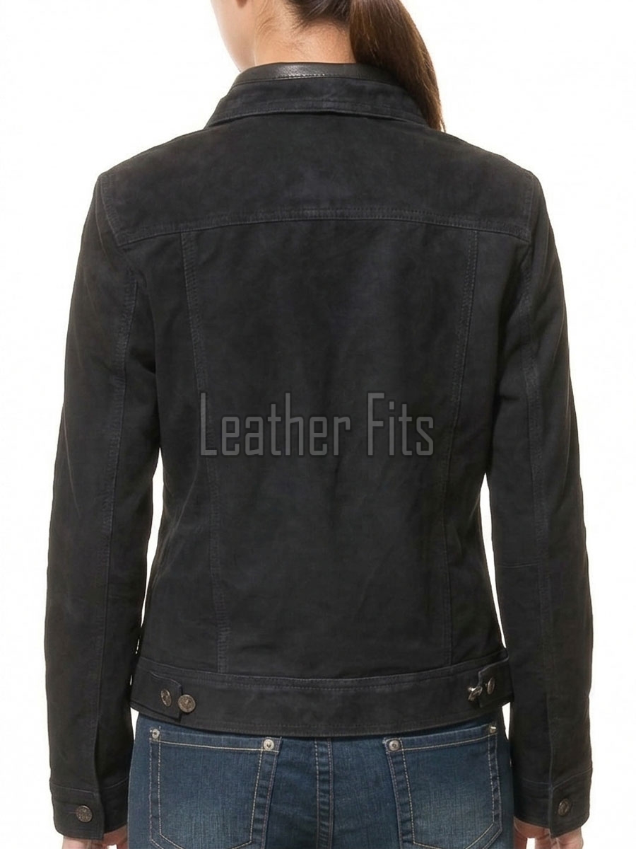 Women's Opulent Obsidian Black Suede Trucker Jacket - Slim Fit Genuine Leather Button-Front Classic Moto Utility Style Rider Jacket