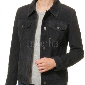 Women's Opulent Obsidian Black Suede Trucker Jacket - Slim Fit Genuine Leather Button-Front Classic Moto Utility Style Rider Jacket
