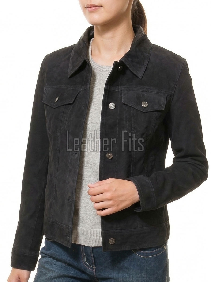 Women's Opulent Obsidian Black Suede Trucker Jacket - Slim Fit Genuine Leather Button-Front Classic Moto Utility Style Rider Jacket