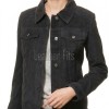 Women's Opulent Obsidian Black Suede Trucker Jacket - Slim Fit Genuine Leather Button-Front Classic Moto Utility Style Rider Jacket