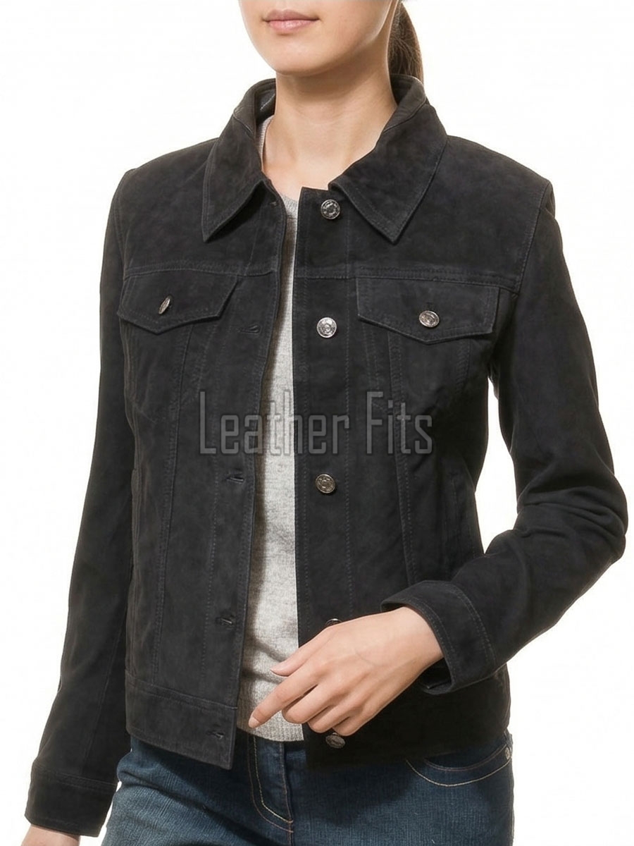 Women's Opulent Obsidian Black Suede Trucker Jacket - Slim Fit Genuine Leather Button-Front Classic Moto Utility Style Rider Jacket