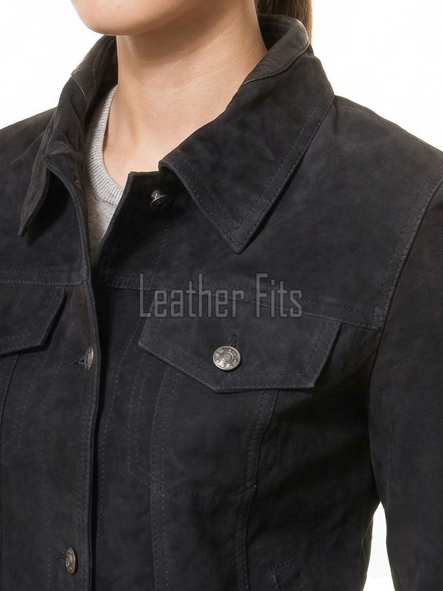 Women's Opulent Obsidian Black Suede Trucker Jacket - Slim Fit Genuine Leather Button-Front Classic Moto Utility Style Rider Jacket