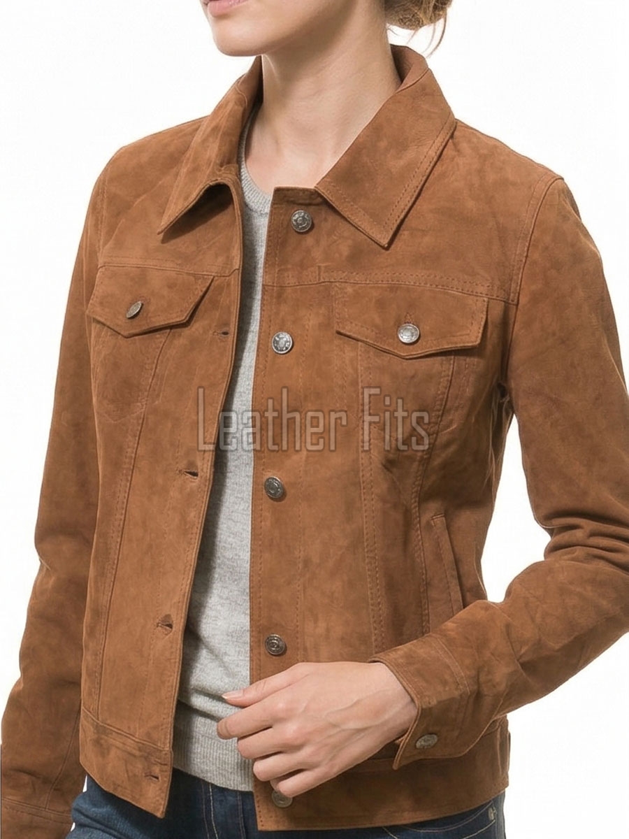 Elite Tan Brown Suede Trucker Jacket - Slim Fit Genuine Leather Button-Front Classic Western Style Rider Jacket
