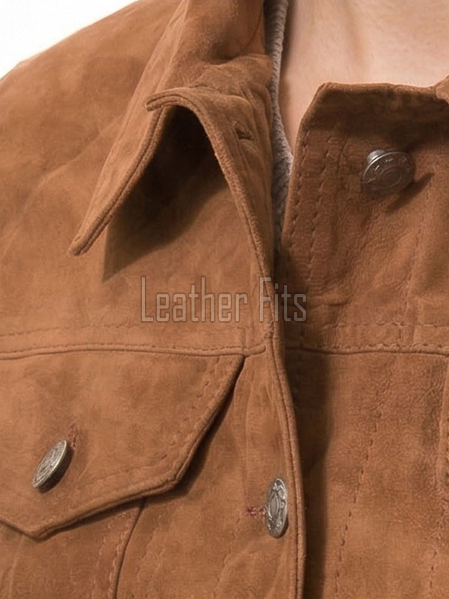 Elite Tan Brown Suede Trucker Jacket - Slim Fit Genuine Leather Button-Front Classic Western Style Rider Jacket