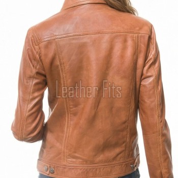 Pristine Cognac Tan Soft Lambskin Leather Trucker Jacket - Feminine Fit Western Style Button-Down Classic Outerwear