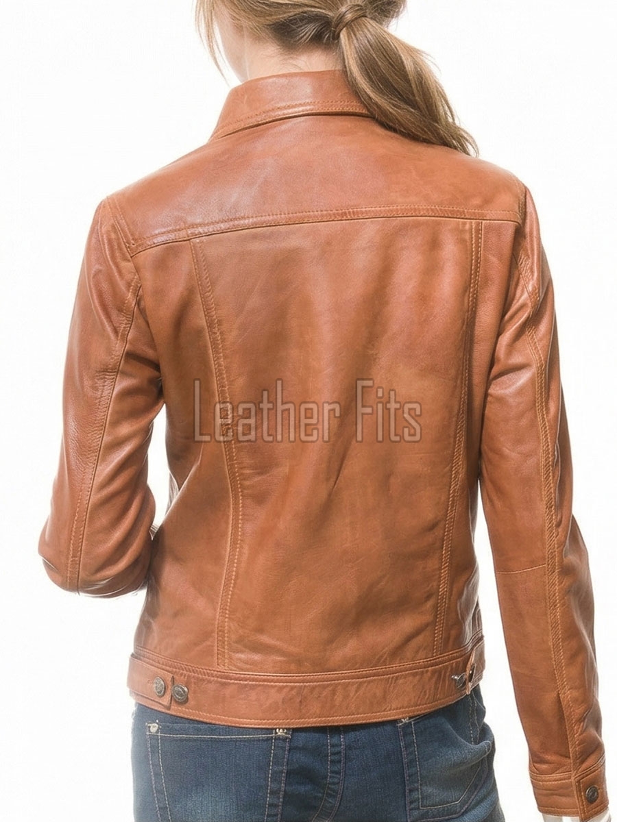 Pristine Cognac Tan Soft Lambskin Leather Trucker Jacket - Feminine Fit Western Style Button-Down Classic Outerwear