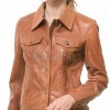 Pristine Cognac Tan Soft Lambskin Leather Trucker Jacket - Feminine Fit Western Style Button-Down Classic Outerwear