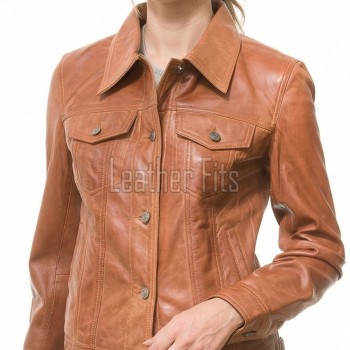 Pristine Cognac Tan Soft Lambskin Leather Trucker Jacket - Feminine Fit Western Style Button-Down Classic Outerwear