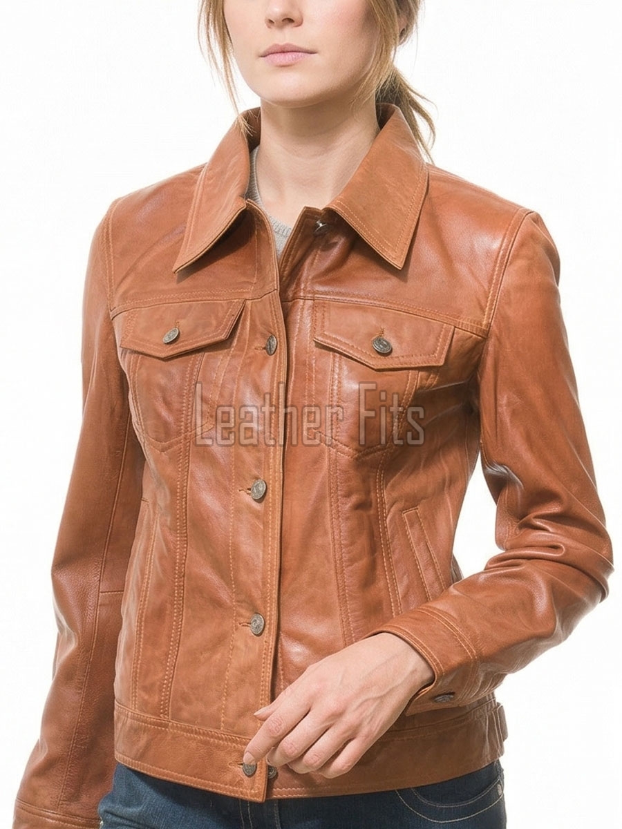 Pristine Cognac Tan Soft Lambskin Leather Trucker Jacket - Feminine Fit Western Style Button-Down Classic Outerwear