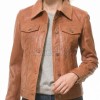 Pristine Cognac Tan Soft Lambskin Leather Trucker Jacket - Feminine Fit Western Style Button-Down Classic Outerwear