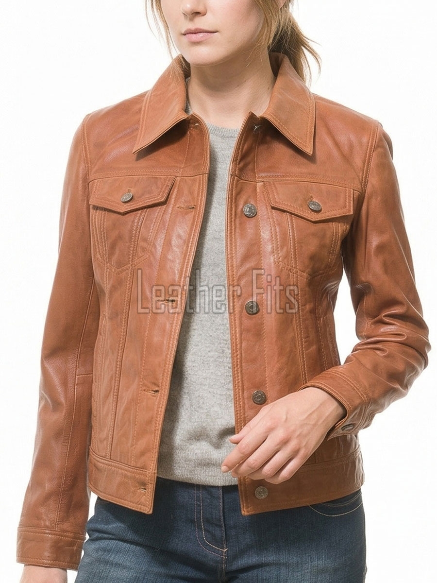 Pristine Cognac Tan Soft Lambskin Leather Trucker Jacket - Feminine Fit Western Style Button-Down Classic Outerwear