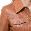 Pristine Cognac Tan Soft Lambskin Leather Trucker Jacket - Feminine Fit Western Style Button-Down Classic Outerwear