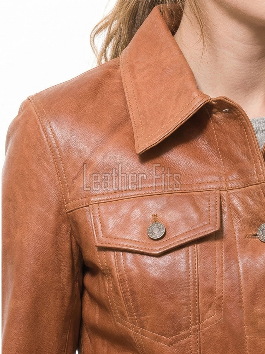Pristine Cognac Tan Soft Lambskin Leather Trucker Jacket - Feminine Fit Western Style Button-Down Classic Outerwear