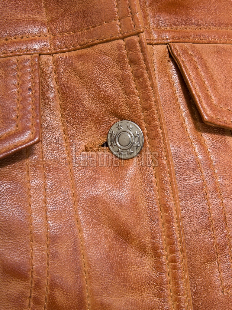 Pristine Cognac Tan Soft Lambskin Leather Trucker Jacket - Feminine Fit Western Style Button-Down Classic Outerwear