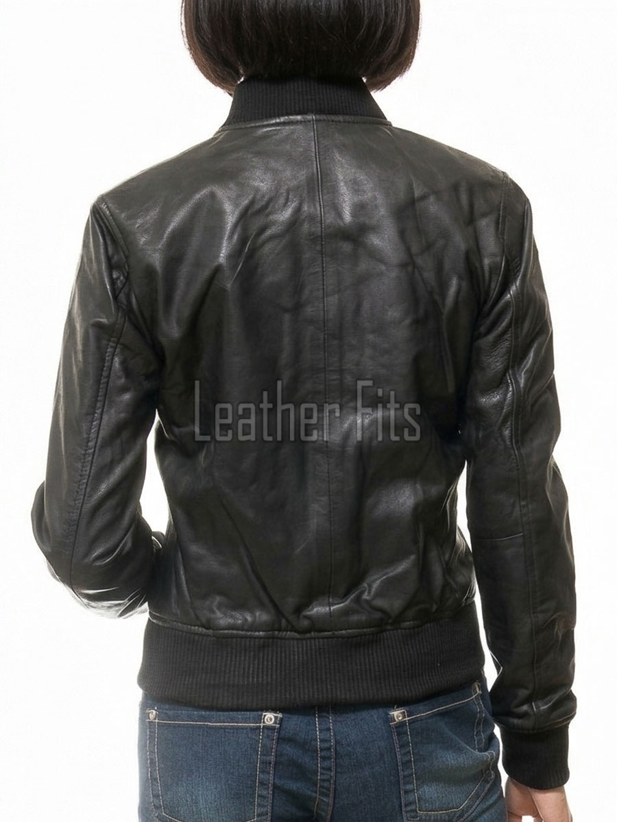 Sovereign Midnight Black Lambskin Bomber Jacket - Feminine Fit Sporty Ribbed Collar Classic Heritage Leather Air Force Style Rider Apparel