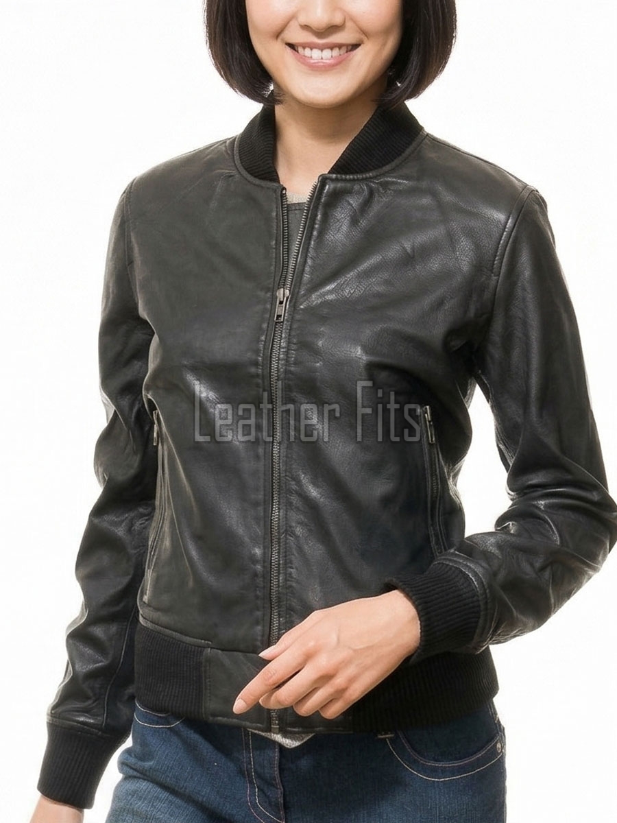 Sovereign Midnight Black Lambskin Bomber Jacket - Feminine Fit Sporty Ribbed Collar Classic Heritage Leather Air Force Style Rider Apparel