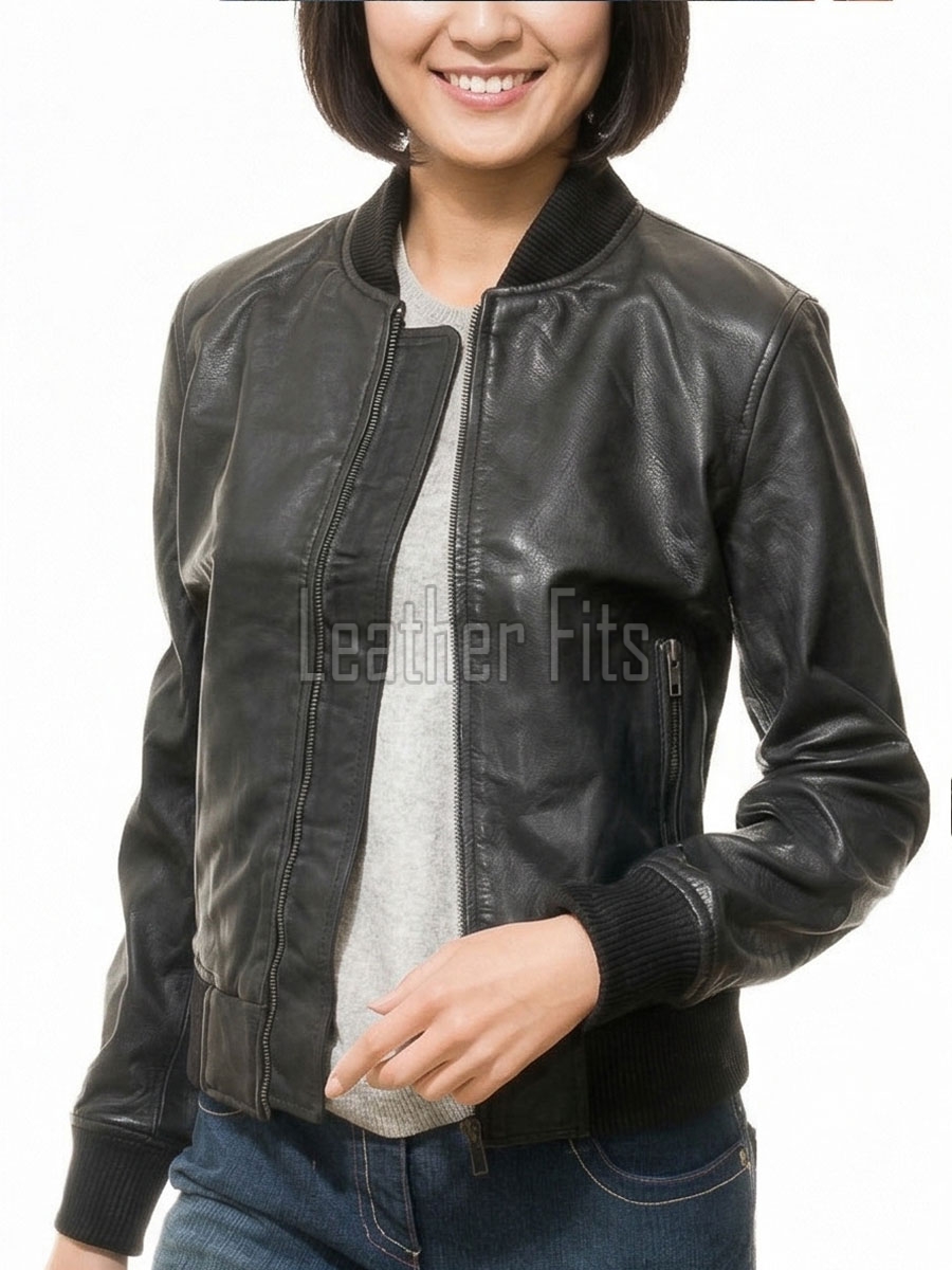 Sovereign Midnight Black Lambskin Bomber Jacket - Feminine Fit Sporty Ribbed Collar Classic Heritage Leather Air Force Style Rider Apparel