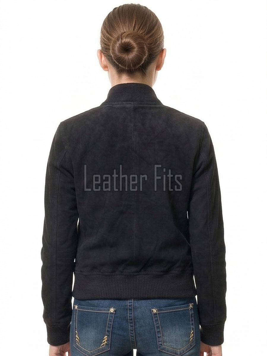 Majestic Charcoal Black Suede Bomber Jacket - Feminine Fit Sporty Ribbed Collar Classic Heritage Leather Air Force Style Rider Apparel