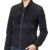 Majestic Charcoal Black Suede Bomber Jacket - Feminine Fit Sporty Ribbed Collar Classic Heritage Leather Air Force Style Rider Apparel