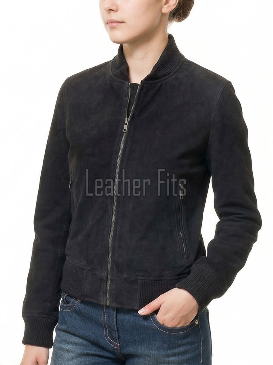 Majestic Charcoal Black Suede Bomber Jacket - Feminine Fit Sporty Ribbed Collar Classic Heritage Leather Air Force Style Rider Apparel