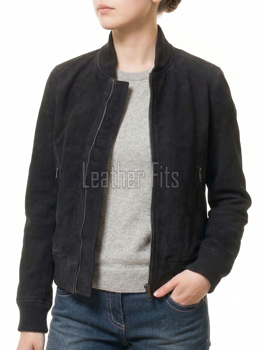 Majestic Charcoal Black Suede Bomber Jacket - Feminine Fit Sporty Ribbed Collar Classic Heritage Leather Air Force Style Rider Apparel