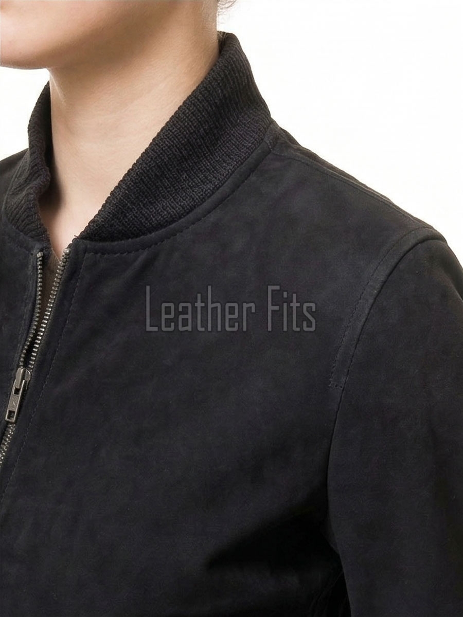 Majestic Charcoal Black Suede Bomber Jacket - Feminine Fit Sporty Ribbed Collar Classic Heritage Leather Air Force Style Rider Apparel