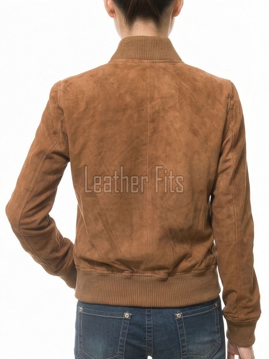 Prestige Tobacco Brown Suede Bomber Jacket - Feminine Fit Sporty Ribbed Collar Classic Heritage Leather Air Force Style Rider Apparel