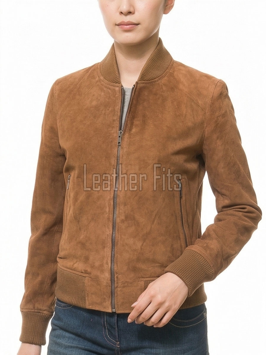 Prestige Tobacco Brown Suede Bomber Jacket - Feminine Fit Sporty Ribbed Collar Classic Heritage Leather Air Force Style Rider Apparel