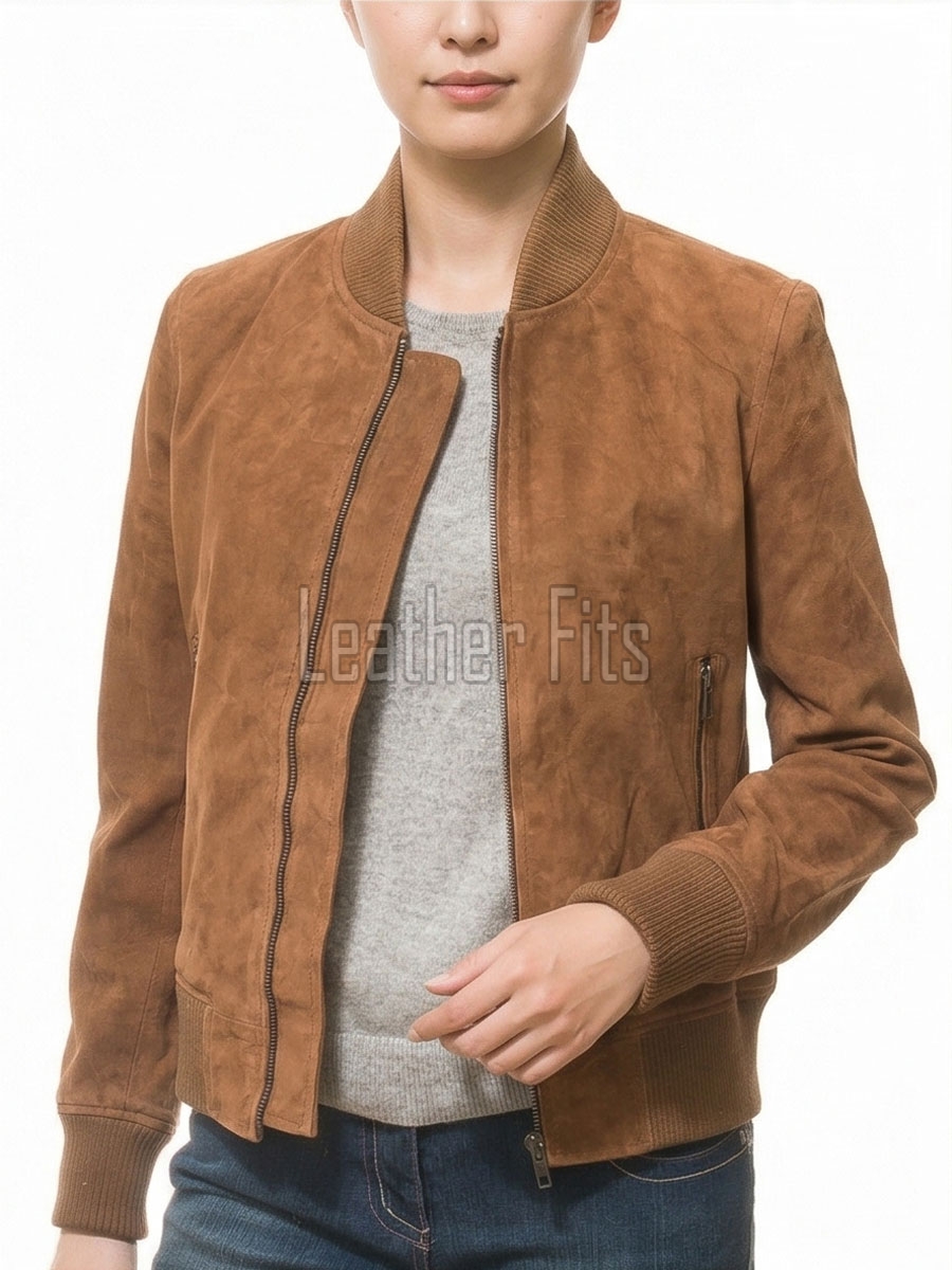 Prestige Tobacco Brown Suede Bomber Jacket - Feminine Fit Sporty Ribbed Collar Classic Heritage Leather Air Force Style Rider Apparel