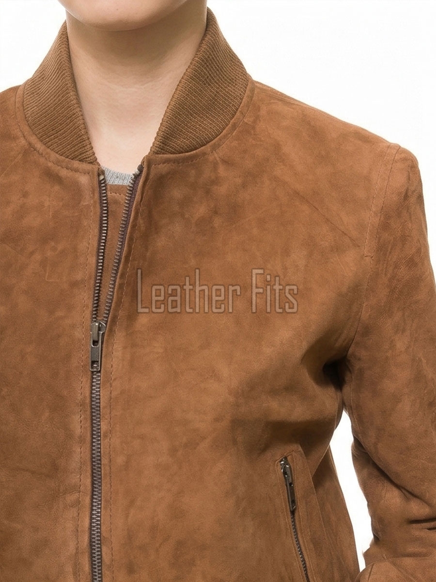 Prestige Tobacco Brown Suede Bomber Jacket - Feminine Fit Sporty Ribbed Collar Classic Heritage Leather Air Force Style Rider Apparel