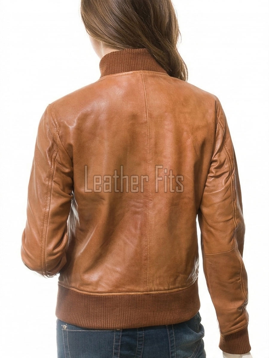 Sumptuous Cognac Tan Lambskin Bomber Jacket - Tailored Ribbed Trim Slim Fit Classic Women's Genuine Leather Air Force Style Aviators Apparel