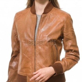 Sumptuous Cognac Tan Lambskin Bomber Jacket - Tailored Ribbed Trim Slim Fit Classic Women's Genuine Leather Air Force Style Aviators Apparel