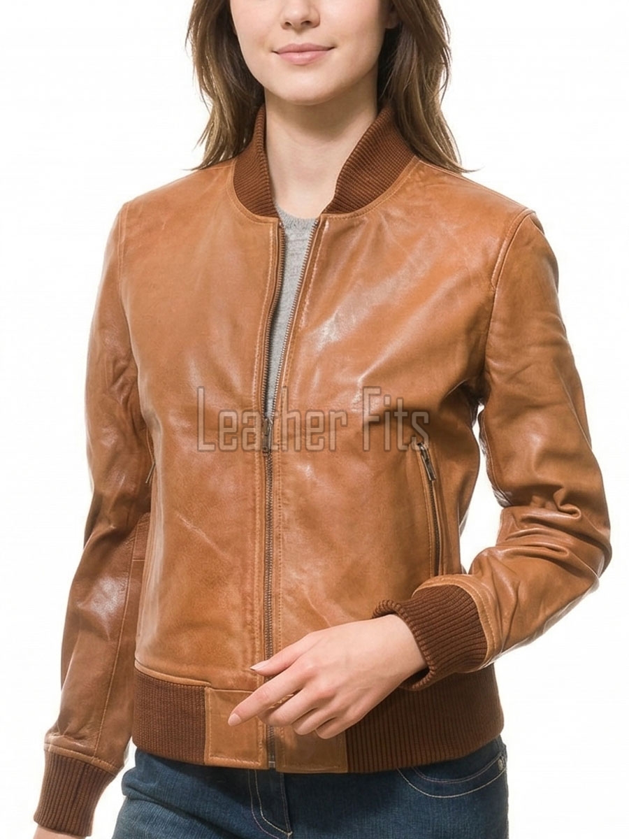 Sumptuous Cognac Tan Lambskin Bomber Jacket - Tailored Ribbed Trim Slim Fit Classic Women's Genuine Leather Air Force Style Aviators Apparel