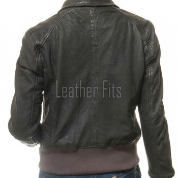 Regal Distressed Charcoal Leather Bomber Jacket - Feminine Fold Collar Snap Chest Pocket Ribbed Knit Waist Vintage Flight Sporty Rider Garment