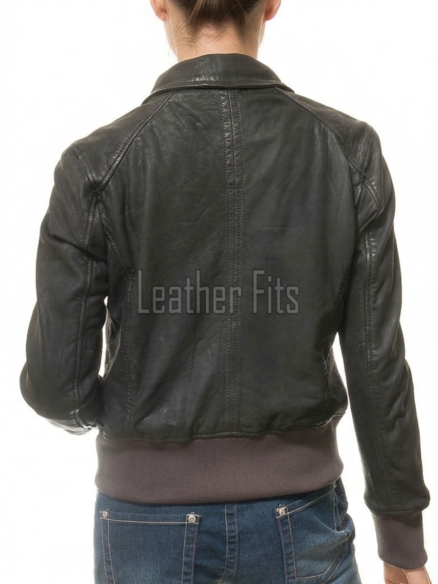 Regal Distressed Charcoal Leather Bomber Jacket - Feminine Fold Collar Snap Chest Pocket Ribbed Knit Waist Vintage Flight Sporty Rider Garment