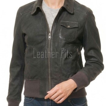 Regal Distressed Charcoal Leather Bomber Jacket - Feminine Fold Collar Snap Chest Pocket Ribbed Knit Waist Vintage Flight Sporty Rider Garment