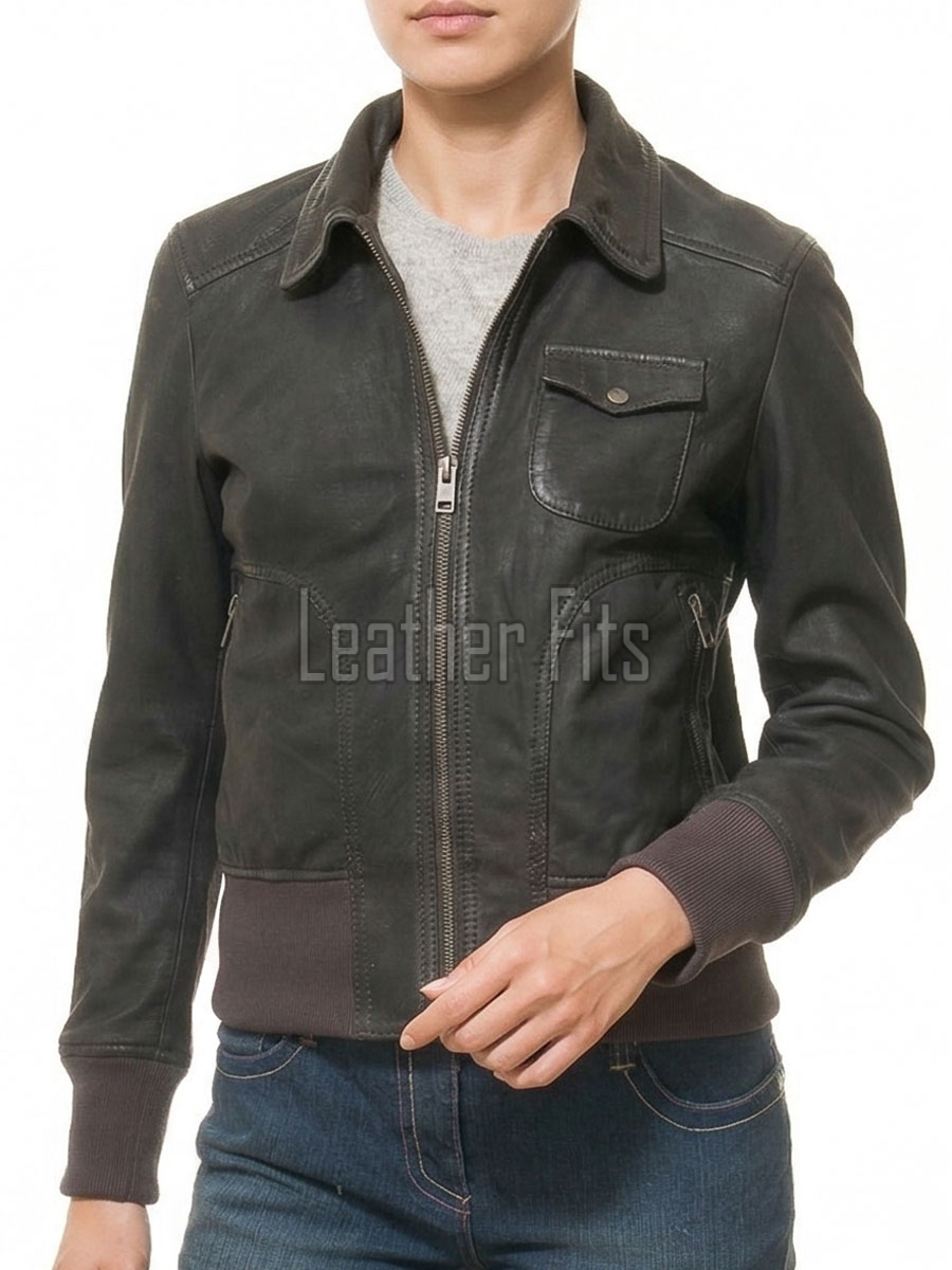 Regal Distressed Charcoal Leather Bomber Jacket - Feminine Fold Collar Snap Chest Pocket Ribbed Knit Waist Vintage Flight Sporty Rider Garment
